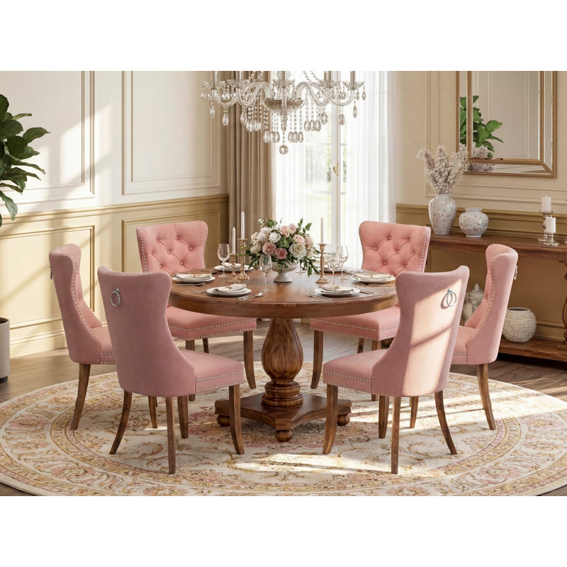 Ensemble de vaisselle de 7 pièces contenant une table de style Mid-Century et 6 chaises rembourrées en tissu de polyester rouge beige avec dossier capitonné, noyer antique