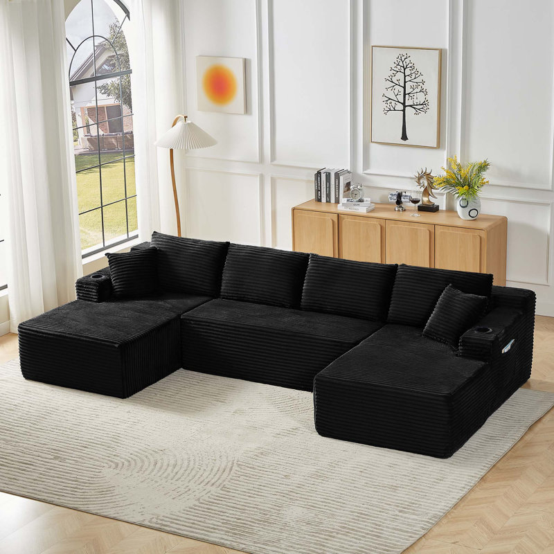 Modular Sectional Sofa, 26" H x 133.5" W x 66.1" D, Black Corduroy
