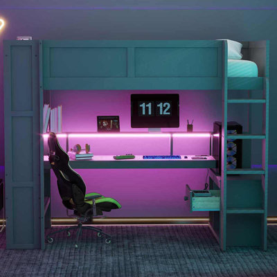 Dark Gray Wood Gaming Loft Bed With Desk, LED & Charging Multi-Functional Space Saver by Harriet Bee