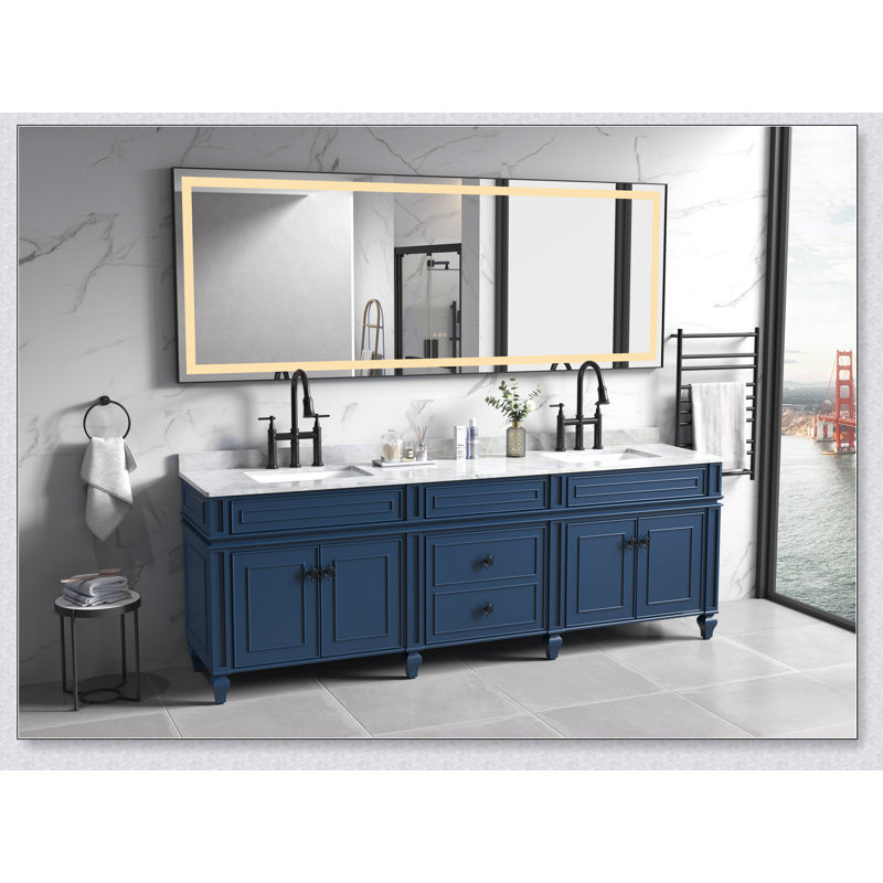 Miroir de salle de bain 96 x 36 pouces à DEL avec cadre en aluminium, miroir de meuble-lavabo mural, anti-buée, mémoire, 3 couleurs, réglable en continu