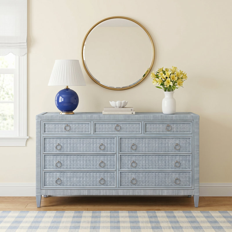 Monterey 9-Drawer Wicker Dresser, Sea Glass, No, Satin Nickel