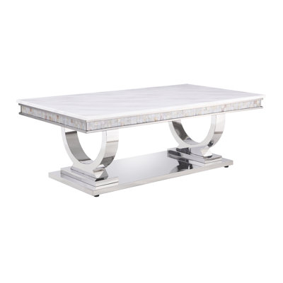 Elegant Coffee Table With Faux Marble Top And Mirrored Silver - 18Mm Thick, Sophisticated For Living Space, Strong Stainless Steel In Modern Room, Frame