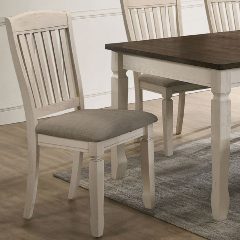 Set Of 2 Dining Chairs With Slat Back, Tan Fabric And Cream Finish