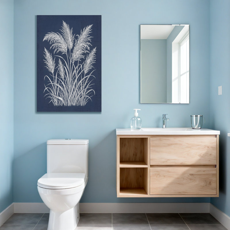Plantes et fleurs, herbe de pampa blanche sur fond bleu marine, H 40 po x l 28 po