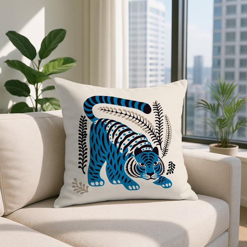 Oreiller carré réversible Remo Tiger, Carré 15 po, Turquoise