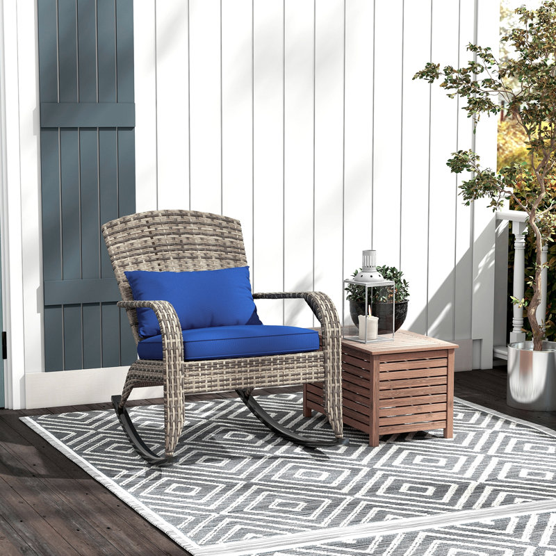Outdoor Wicker Adirondack Rocking Chair, Patio Rattan Rocker Chair With High Back, Seat Cushion, And Pillow For Garden, Porch, Balcony