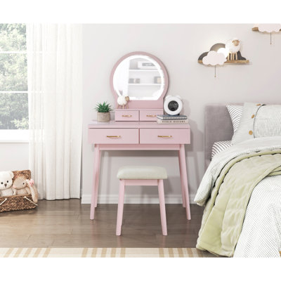 Pink Bedroom Vanity With Stool, Mirror And Convenient Drawers Glowing Dresser Stool -