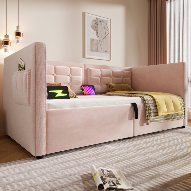 Upholstered Twin Size Daybed, Hydraulic Storage Twin Bed Frame With USB & Type-C Charging, Bed Frame With Wooden Slats And Tufted Sofa Back, Pink, Velvet (Without Mattress)