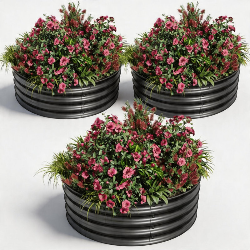 3PCS Round Metal Raised Garden Beds – Black Galvanized Steel, Safe Rubber Edges, Quick Setup for Planting & Landscaping