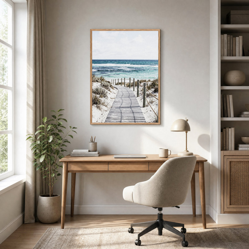 Art mural en bois, promenade en bois vers l'océan turquoise et sable blanc, H 24 po x l 18 po