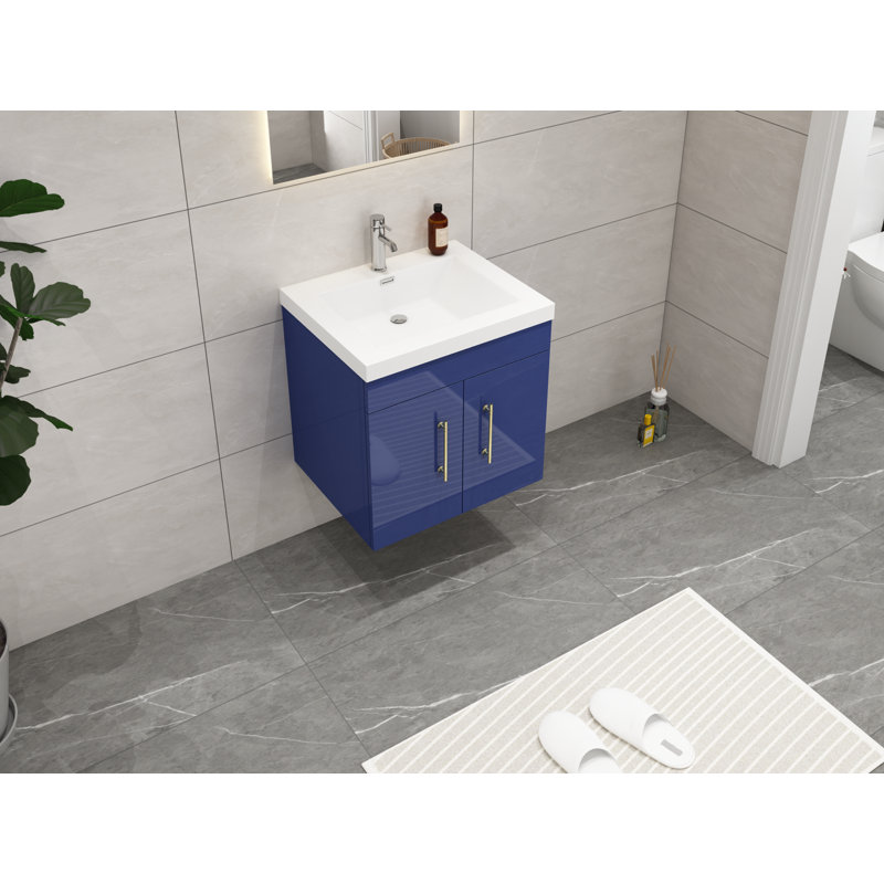 Ensemble de meuble-lavabo simple mural 24 po Carliss, Bleu nuit, Argent