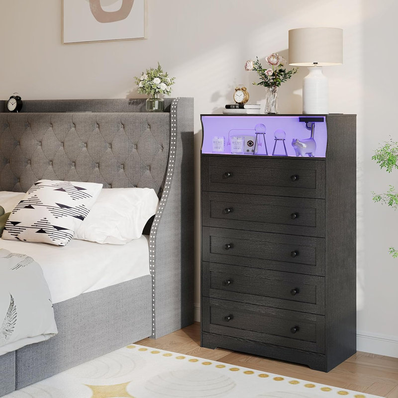 Tall 5-Drawer Wood Dresser with Charging Station & LED Lights, Modern Vertical Chest for Bedroom, Black