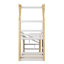 Lit superposé simple au dessus d'un lit simple avec escalier de rangement blanc et 2 tableaux noirs, blanc et naturel