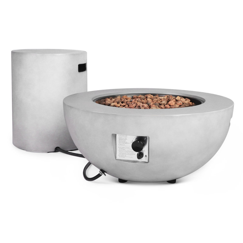 31.5" Outdoor Propane Fire Pit table with Tank Cover Table, 50,000 BTU, Concrete Round Gas Firepit with Steel Lid, Rain cover & Lava Rocks