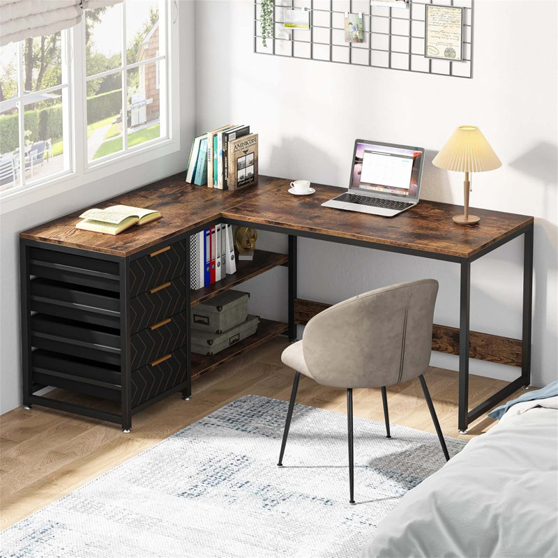 Bureau d'ordinateur en L 59 po avec tiroirs et tablettes de rangement, poste de travail de coin réversible, bureau d'écriture pour bureau à domicile, design industriel brun rustique
