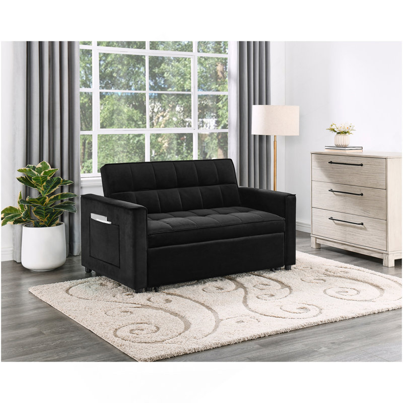 Causeuse convertible en velours noir l 53,5 po Maia avec capitonnage et poche latérale