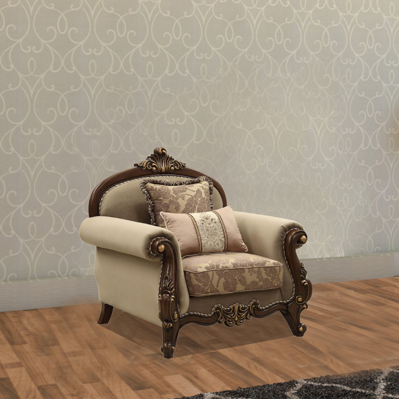 Dandre 49" Wide Velvet Armchair in Beige/Walnut