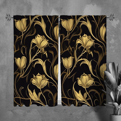 Motif floral de rideaux de fenêtre noirs - 5994