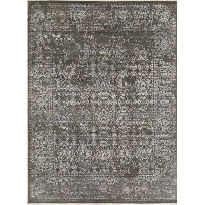 Tapis gris foncé et bleu noué à la main de haute qualité