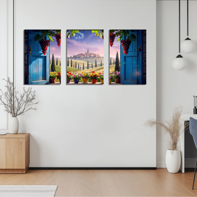 Blue Door And Grape Vine Landscape Canvas Wrapped Wall Art Oil Painting Print Set Of 3 For Living Room Bedroom Home Decor