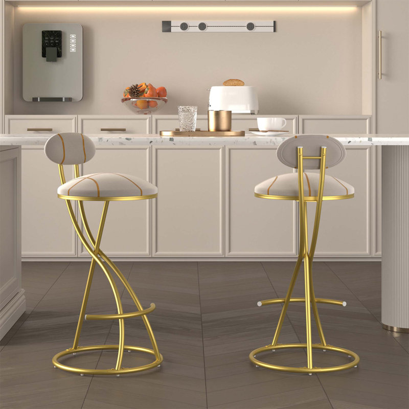 Tabourets de bar ronds en velours à rayures en forme de S, ensemble de 2 chaises de comptoir rembourrées modernes pour la salle à manger et la cuisine