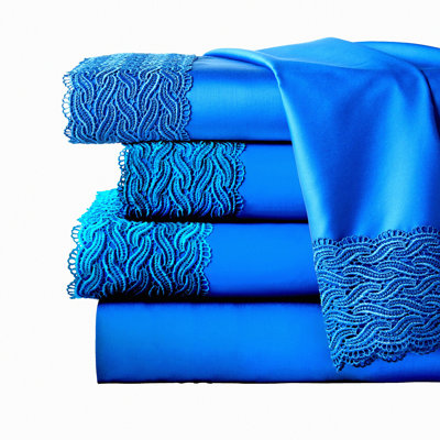 Brilliant Blue Bridal Lace Oversized Sheet Set - Twin X-Large - 300TC Combed Cotton - Luxurious Bedding - Wedding Collection - Elegant Design