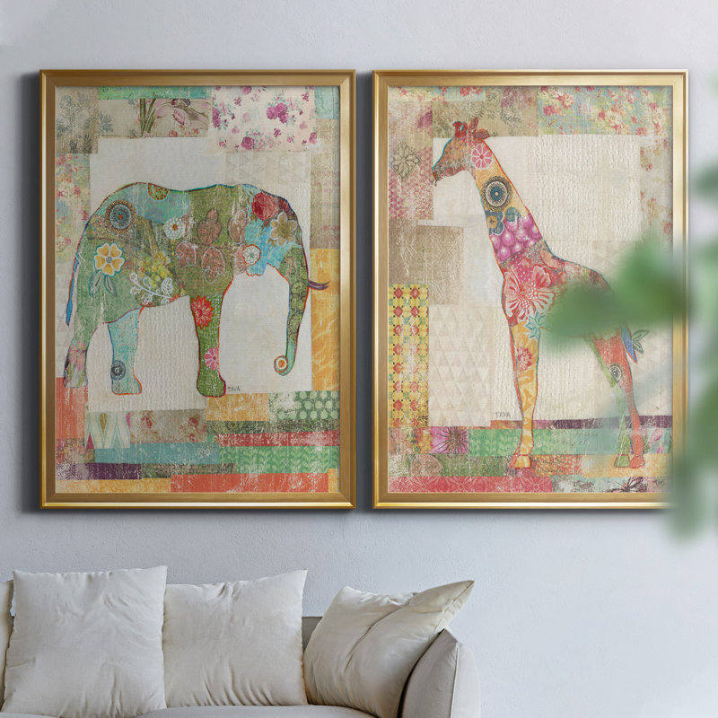 «Elephant Montage», ensemble de 2 impressions, Pas de tapis, H 18,5 po x l 49 po x P 1,5 po, Toile encadrée dorée