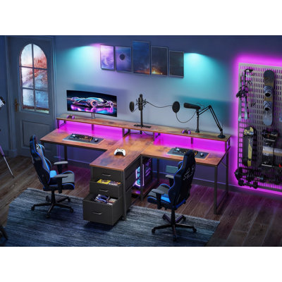 94-Inch Two-Person Computer Desk With Power Outlet, LED Lighting, Storage Drawers & File Cabinet, Ergonomic Monitor Stand For Home Office Workstation by Ivy Bronx