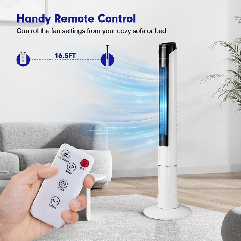 White 48" Bladeless Oscillating Tower Fan with Remote