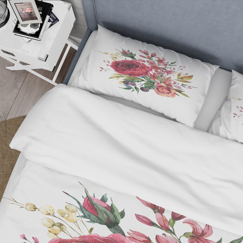 Vintage rose bourgogne et fleurs sauvages - ensemble de housse de couette Farmhouse - microfibre de polyester