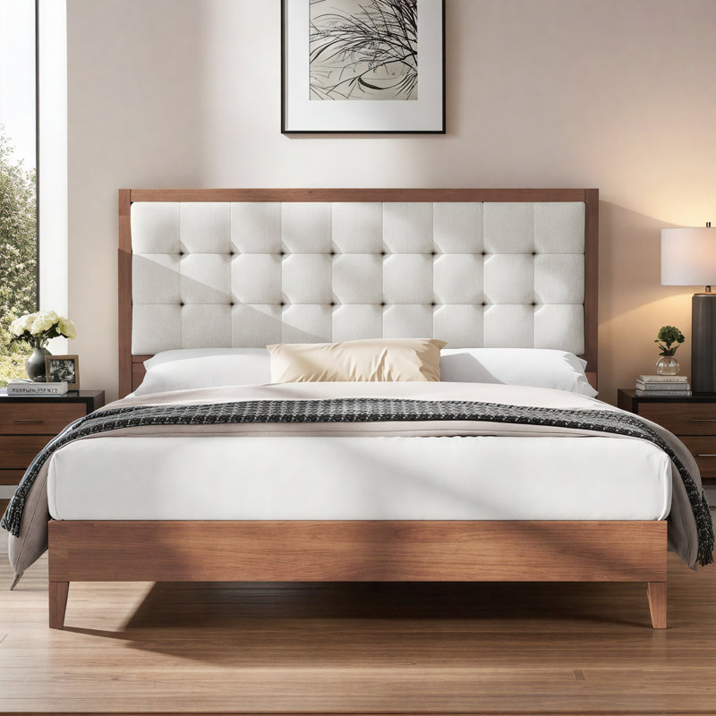 Walnut Queen Wood Platform Bed with Tufted Linen Headboard