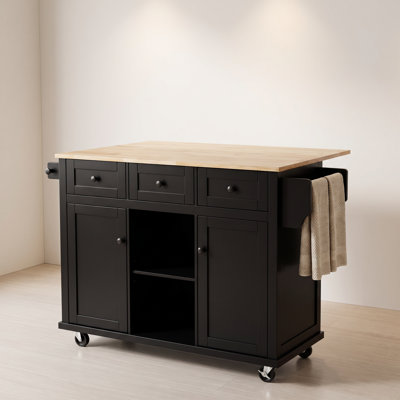 53 Inch Rolling Kitchen Island with Rubber Wood Drop Leaf and Storage