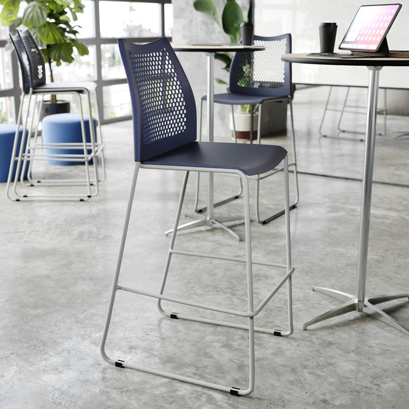 Tabouret de bar empilable avec dossier ventilé et repose-pieds intégré, Bleu / argent, 3