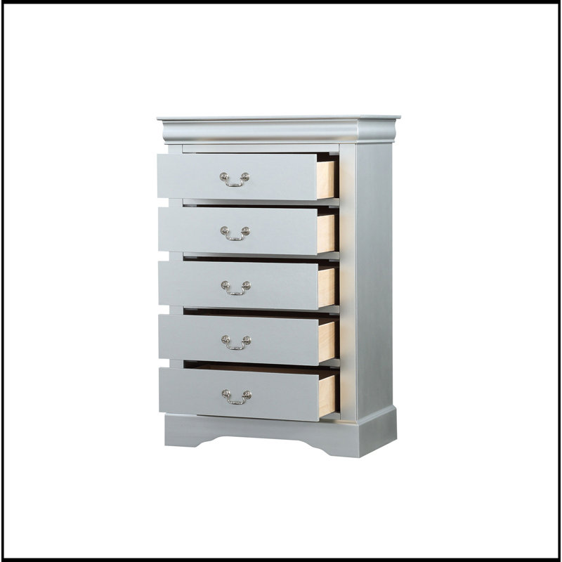 Commode 5 tiroirs avec poignées en métal, Argent argent