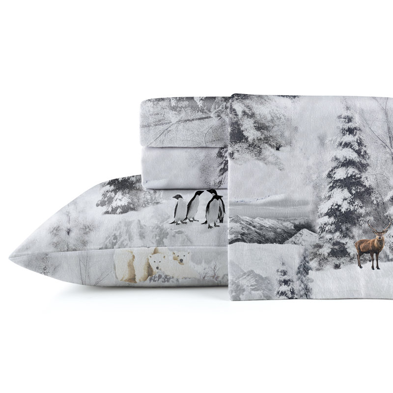Pointehaven 190 GSM 100% Cotton Flannel Deep Pocket Sheet Set, White/Gray Floral, Twin Sheet Set+Fitted Sheet+2 Pillowcases