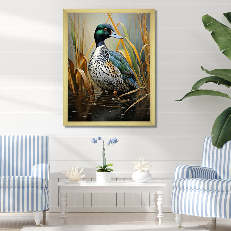 Canard Drake à l'étang I, Cadre doré simple, H 40 po x l 30 po x P 1,5 po