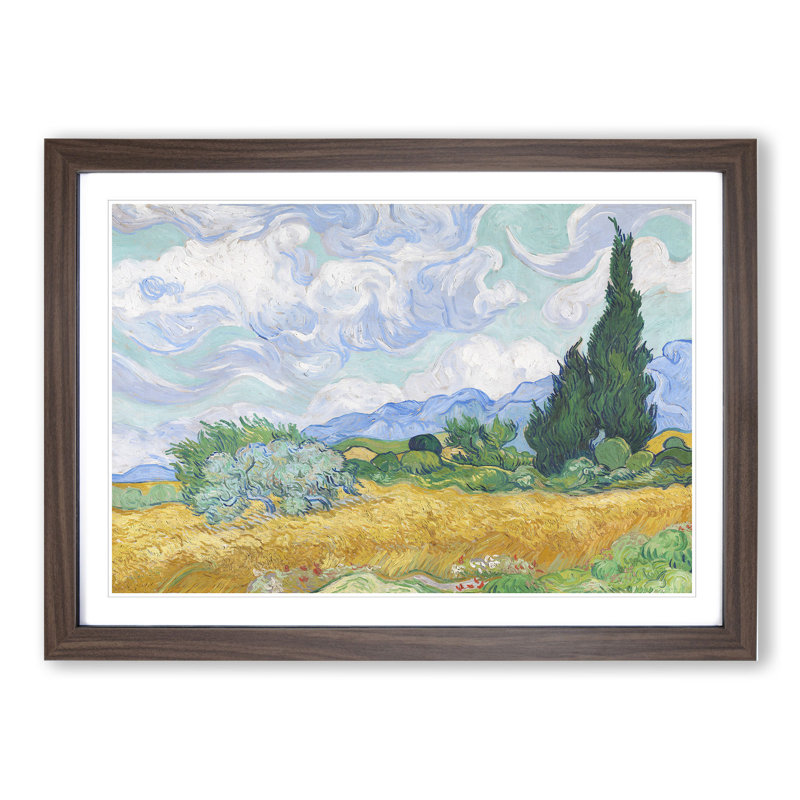 A Wheatfield with Cypresses Vol.2 by Vincent Van Gogh - Picture Frame Painting, Walnut, 36cm H x 48cm W x 2cm D