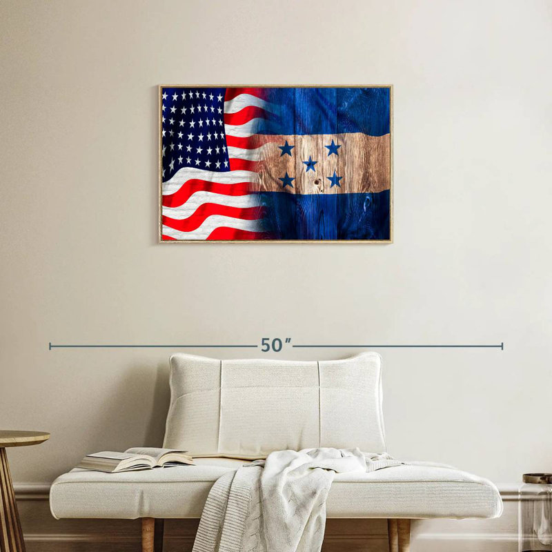 USA And Honduras Flag, Floating Frame Natural Wood, 31" X 21"