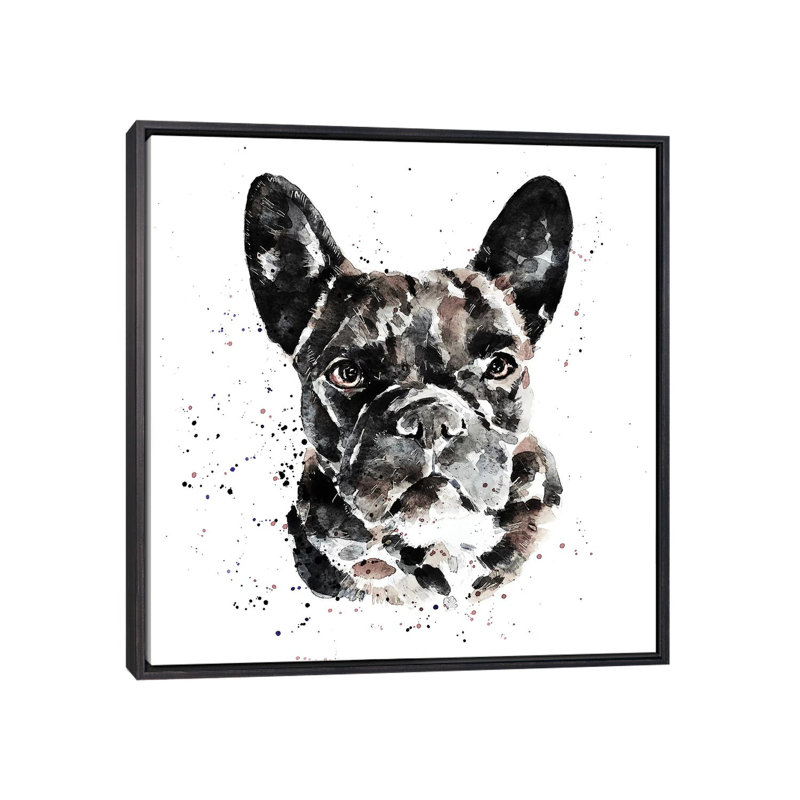 « Black Frenchie » par Edwatercolours-impression, Toile avec cadre noir patiné, Pas de tapis, H 18 po x l 18 po x 1,5 po