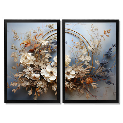 «Farmhouse Wreath Still Life - Wreath Wall Art Decor», ensemble de 2 impressions sur toile florales blanches