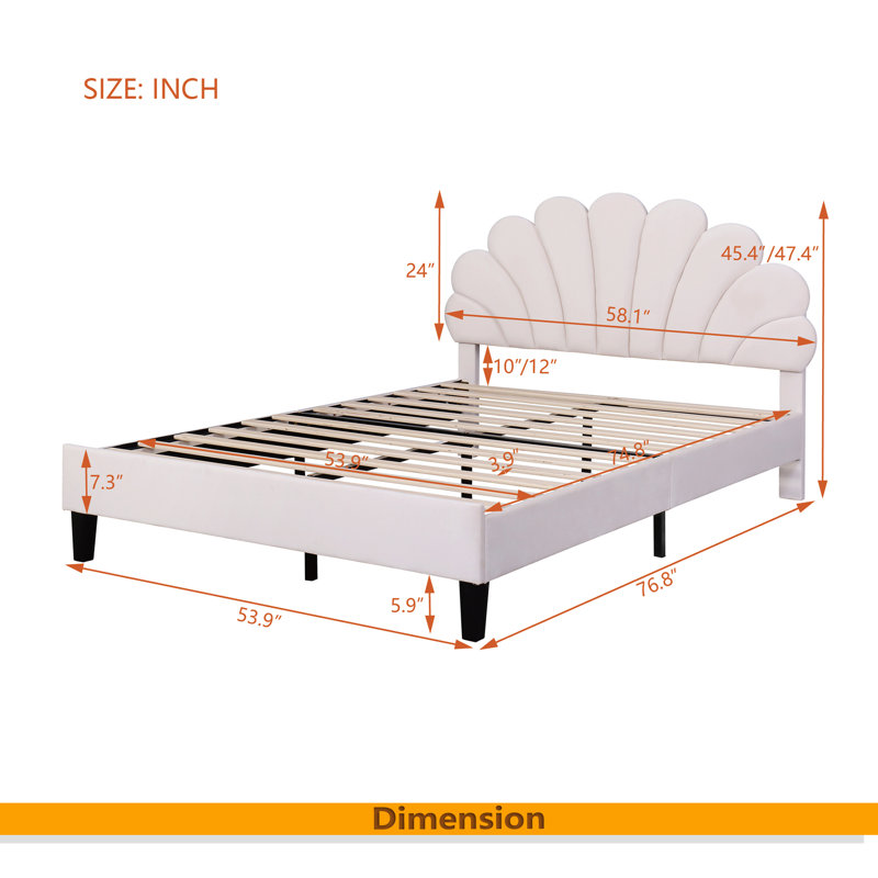 Lit plateforme tapissier avec tête de lit en velours à motif floral, Beige, Lit double