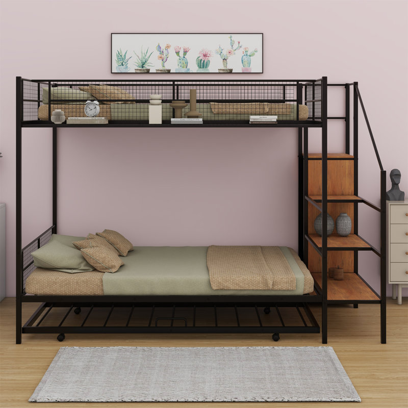 Lit superposé avec lit gigogne, échelle de rangement latérale et garde-robe, Noir