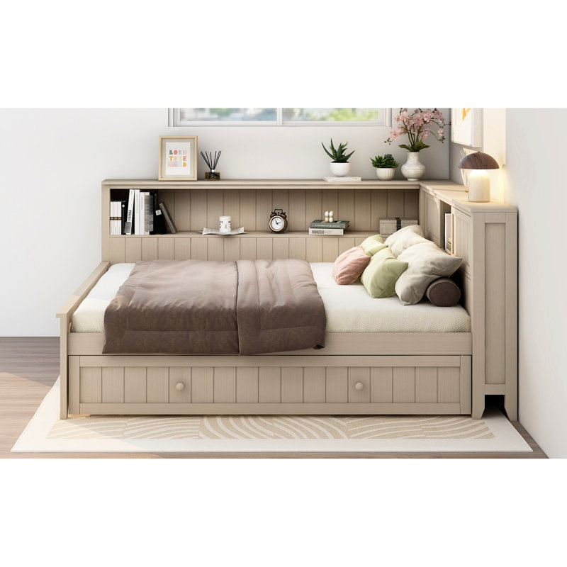 Lit de jour double antique avec rangement en bois de pin massif avec rangement et gigogne