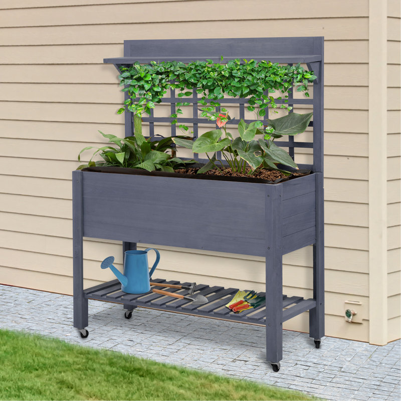 41" Raised Garden Bed With Trellis On Wheels, Wooden Elevated Planter Box With Legs And Bed Liner, For Flowers, Herbs & Vegetables, Gray