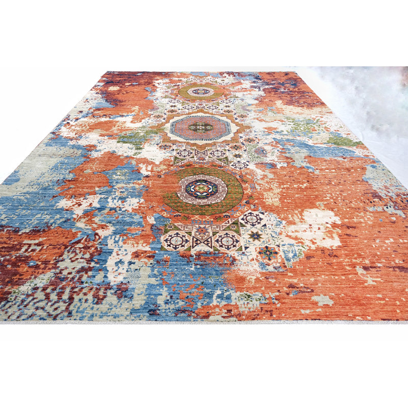 Hand Knotted Wool Area Rug in Rust