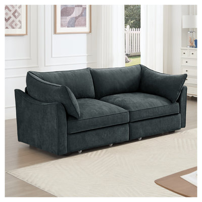 Canapé 2 places en chenille avec tiroirs de rangement coulissants et accoudoirs en forme de croissant - Causeuse moderne grise pour les petits salons
