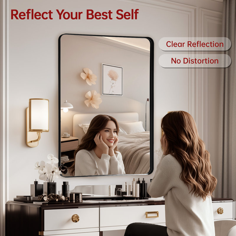SUMERAIN Matte Black Bathroom Vanity Mirror, 20x30 Inch Tempered Glass Wall Mounted Mirror with Rounded Corners, Hangs Horizontally or Vertically