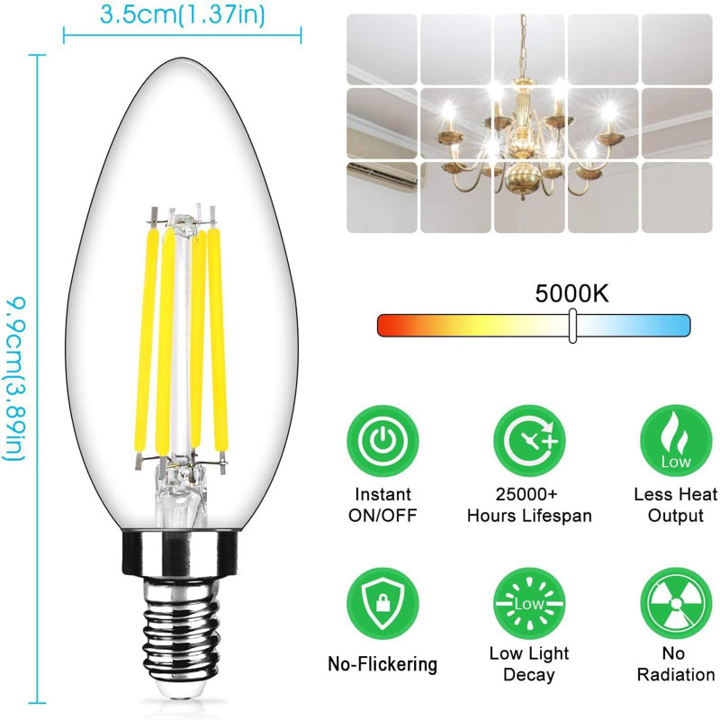 12Pack Dimmable E12 LED Candelabra Bulbs 40Watt Equivalent 5000K Daylight White 450Lumens, 5000 Kelvins