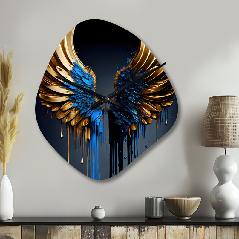Horloge murale en métal bleu et or avec ailes d'ange III, Petit