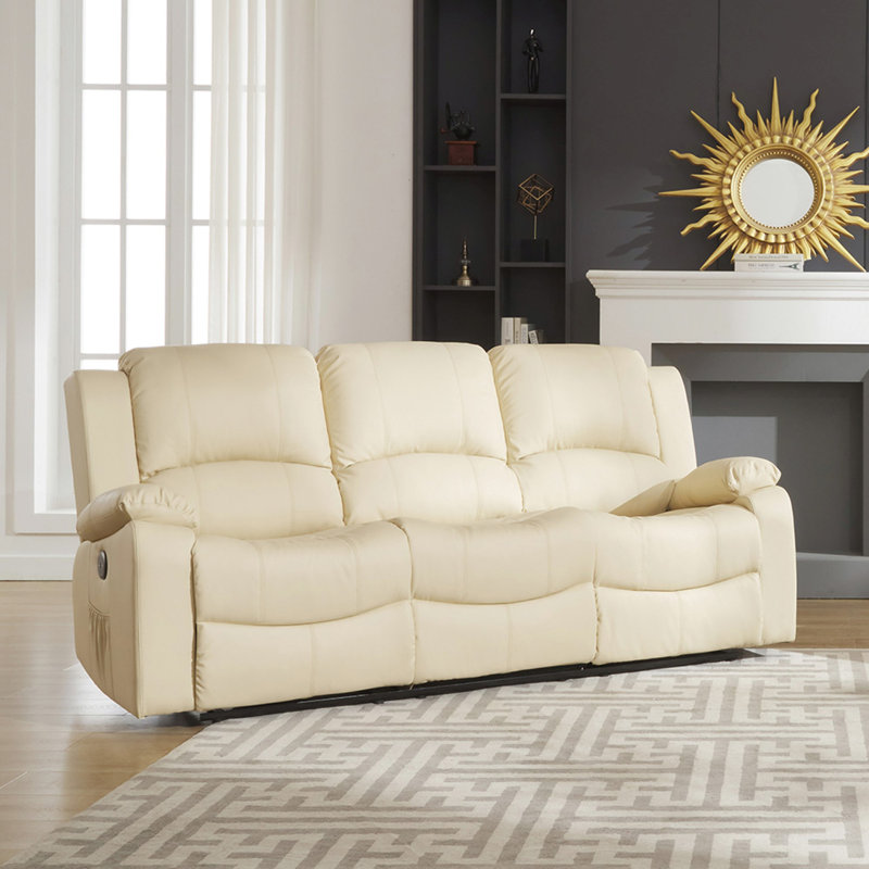 Manervia 3 Seater Faux Leather Reclining Sofa, Cream